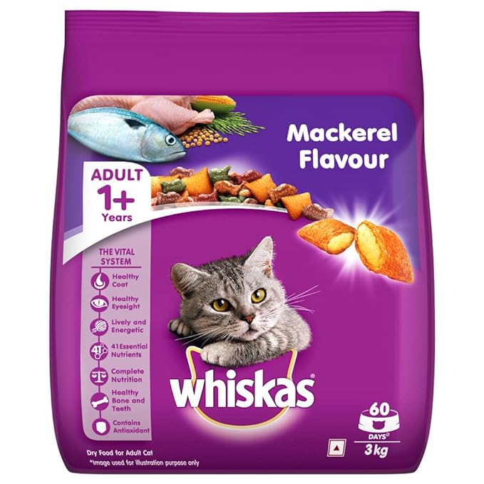 Whiskas Adult (+1 year) Dry Cat Food, Mackerel, 3kg Pack